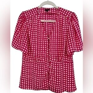 Ann Taylor Blouse with Flutter Sleeves Pink White Size 8